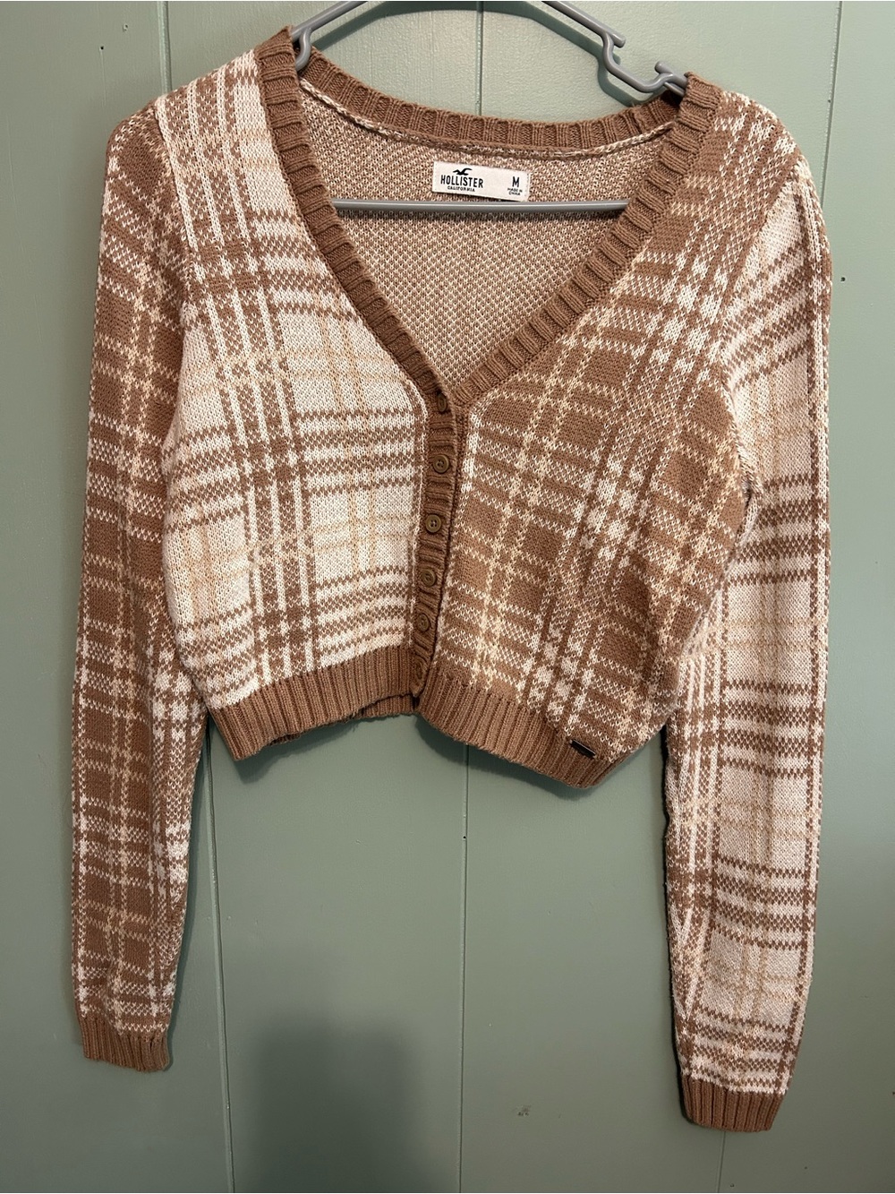 Hollister Cropped Plaid V-Neck Cardigan in Brown and Cream